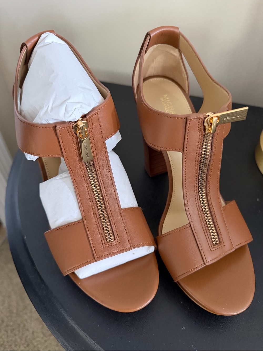 Michael Kors Cognac Leather Block Heel Sandal with Front Zip - Picture 2 of 3